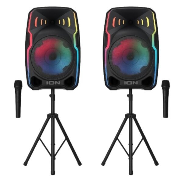 Battery-Powered Bluetooth PA Speakers with Stands, 2 Wireless Microphones & LED Lights