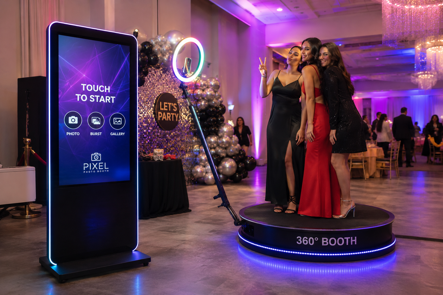 Digital photo booth and 360 video booth rental in Grande Prairie AB – fun event experience by Gab'z Event Rentals