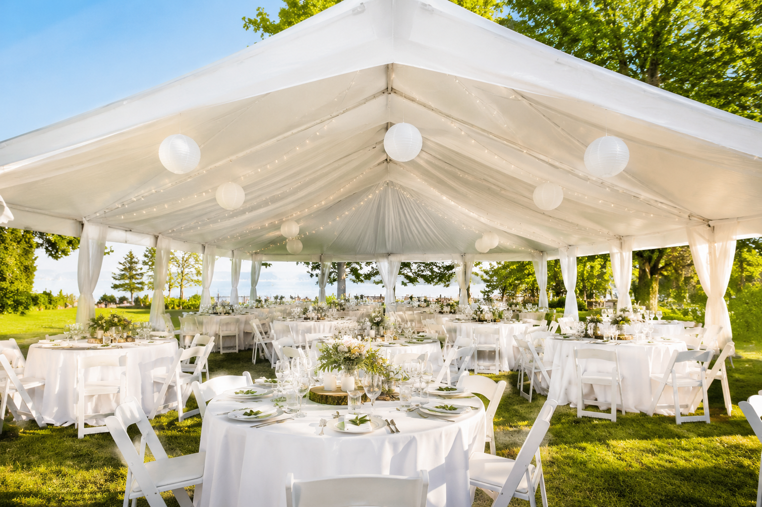 Tent package rental in Grande Prairie AB – complete outdoor event setup with tables and chairs by Gab'z Event Rentals