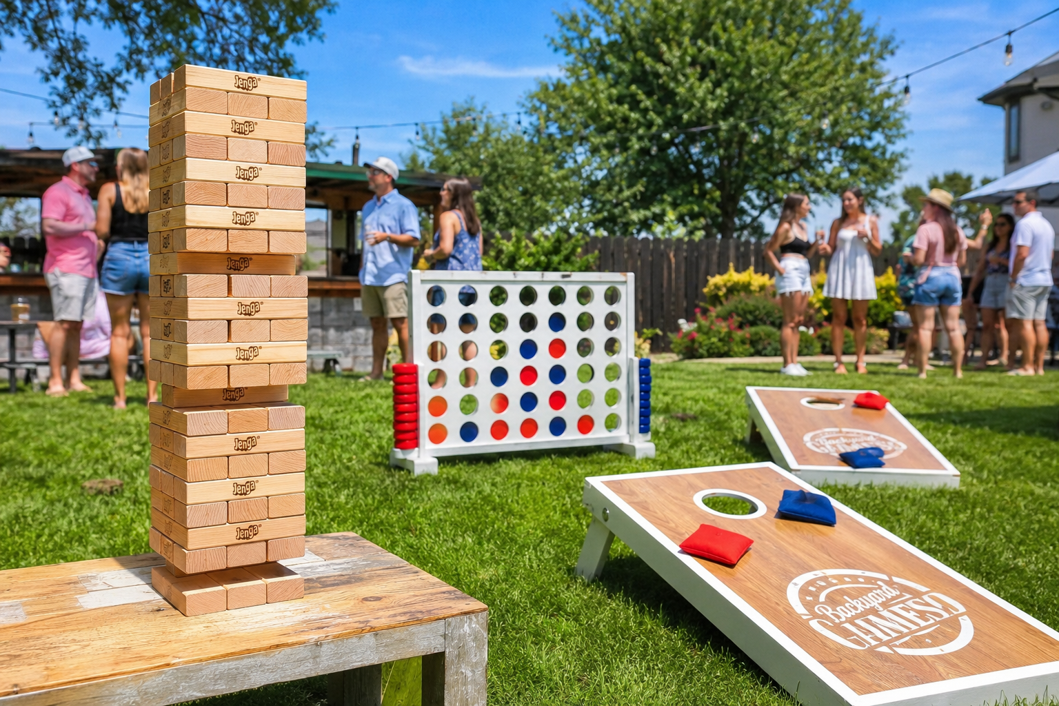 Yard games and party game rentals in Grande Prairie AB – Giant Jenga, Connect 4, and Cornhole set up at an outdoor event by Gab'z Event Rentals
